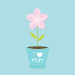 Sakura flower pot. Japan blooming cherry blossom. Blue background. I love mom Happy mothers day Text with heart sign Greeting card Flat design style