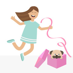 Girl jumping for joy. Gift box with puppy pug dog mops. Happy child jump. Cute cartoon laughing character in blue dress holding ribbon.  Open giftbox. Smiling woman.  Isolated White background. Flat