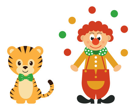 tiger and clown with balls
