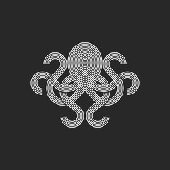 Silhouette octopus logo monogram, mockup seafood restaurant linear graphic emblem, print t-shirt intersection line style © Sergii Syzonenko