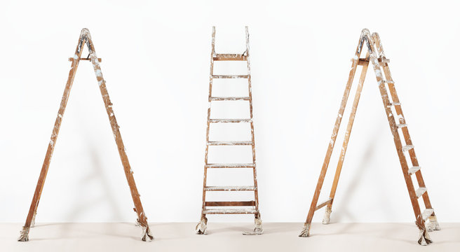 painter wooden ladder,isolated on white, wall painting concept