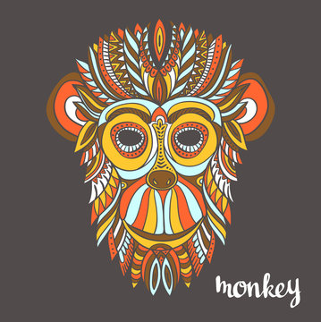 Ornamental monkey, a symbol of New Year 2016, ethnic style, for tattoo, print on a T-shirt, greeting card. Vector illustration.