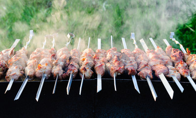 Juicy mouth-watering skewers of meat, which is fried with a smoky summer evening in the nature