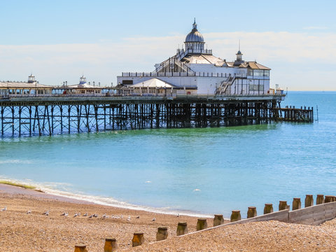 Eastbourne's pier and beach at English Channel, United Kingdom