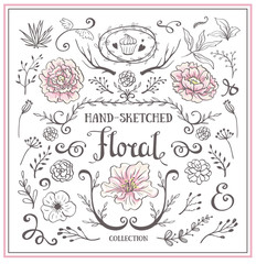 Hand Drawn vintage floral elements. Set of flowers and decorative elements.