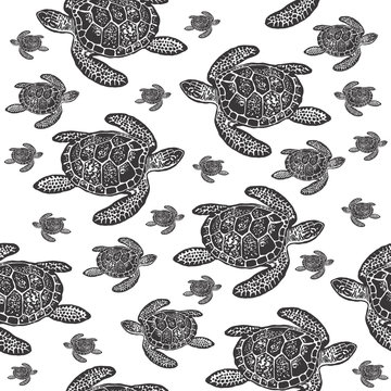 Sea Turtles black and white seamless vector pattern.