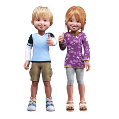 Confident Boy and girl cartoon holding a thumbs up of approval on an isolated white background.