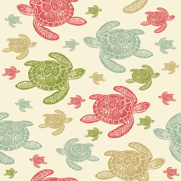 Sea Turtles colourful seamless vector pattern.