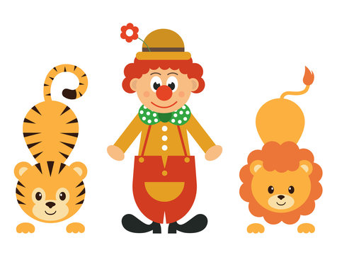 cartoon tiger and clown and lion