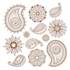 Henna tattoo mehndi doodle elements on white background