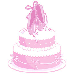 Pink ballerina birthday cake decorated with ballet shoes, pearls and ribbons. Vector illustration