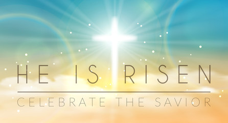 Naklejka premium Easter banner with text 'He is risen', shining across and heaven with white clouds. Vector illustration background.