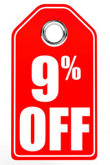Discount 9 percent off. 3D illustration.