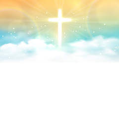 Fototapeta premium Background with shining across and heaven with white clouds. Vector illustration, eps10.