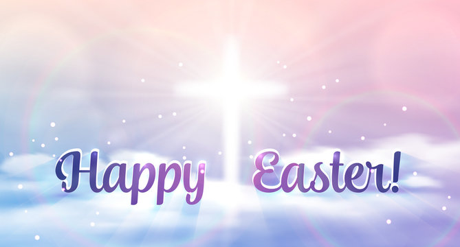 Easter banner with text 'Happy Easter', shining across and heaven with white clouds. Vector illustration background.