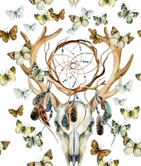 Foto op Plexiglas Dromenvanger Herten schedel naadloze patroon. Dierlijke schedel met dreamcather en vlinder.