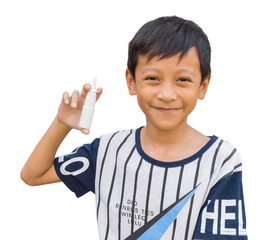 Boy holding nasal spray bottle with clipping path