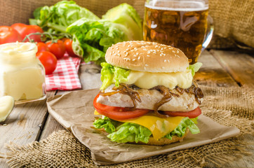 Chicken burger, cold beer