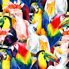 Naklejka premium watercolor parrots seamless pattern