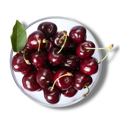 Splody cherries in bowl close up isolated on white. Top view square