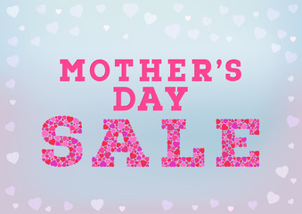 Mother's Day sale inscription made of small heart shapes on blue soft background. Happy Mother's day sale concept.
