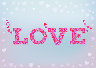 Love inscription made of small heart shapes on blue soft background. Happy Valentine's day, wedding, love concept.