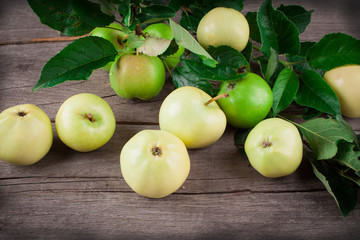 Summer green apple on the wooden table