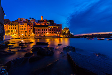 Night scenery in Cinque Terre, Italy, in spring