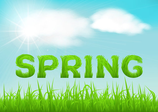Spring inscription made of grass. Spring background with green early spring grass on blurred soft background.
