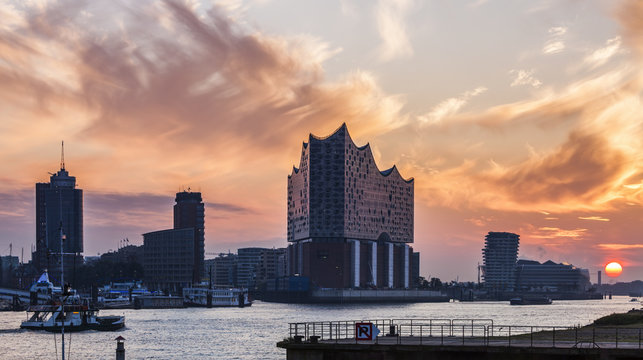 Hamburg architecture across the river at sunrise