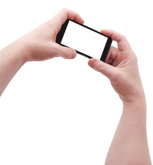 Two hands holding big smart phone, angle view, isolated on white, clipping path