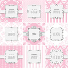 Elegant frame set on different patterns in pastel pink.