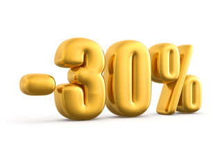30 Percent discount gold, 3d render illustration.