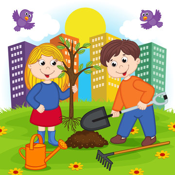 boy and girl is planting tree - vector illustration, eps
