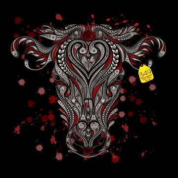 Animal protection from killing in slaughterhouses. Head of cow with blood splatters on a black background