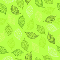 vector seamless pattern of psychedelic shapes in the form of leaves on a green background.