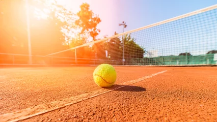 Foto op Aluminium close-up tennisbal en net op de baan © Myst