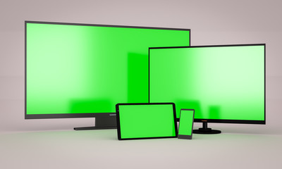 green chromakey tv, monitor, tablet and phone mockup