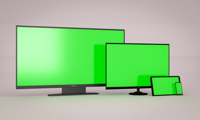 green chromakey tv, monitor, tablet and phone mockup