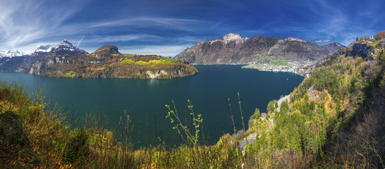 Beautifula panorama of Lake Lucerne, Seelisberg, town Brunnen and village Bauen from Morschach, Switzerland