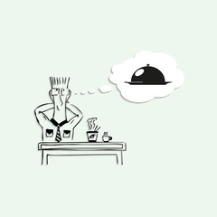 Dreams of a delicious dinner in the lunch break at work. Vector illustration.