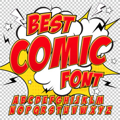 Creatief komisch lettertype met hoog detail. Alfabet in de rode stijl van strips, popart.