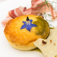 Flan di pecorino caldo, carasau e pancetta, Sardinian Cuisine