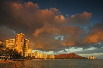 Diamond Head Volcano at sunset from Waikiki Beach Oahu, Hawaii