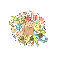 Hand drawn colorful outline cupcakes, cookies, sweets and chocolate on white background