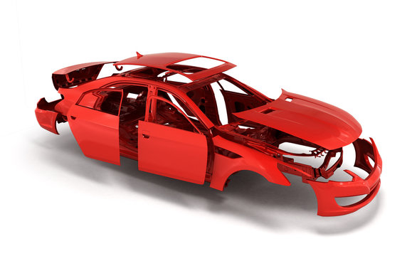 concept car painted red body and primed parts near isolated on w