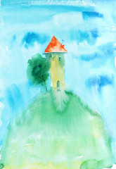 Fototapeta premium Watercolor painting. Little house with tree on the hill.