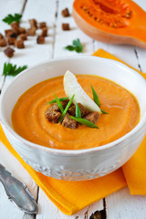 puree soup of celery and pumpkin with rye croutons