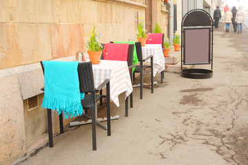Helsinki, Finland - April, 4, 2016: street cafe in Helsinki, Finland