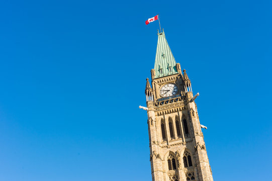 Close Up Of Peace Tower (parliament Building) In Ottawa, Canada